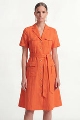 Notched Lapel A Line Orange Short Sleeve Midi Work Dress with Sash