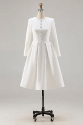 Ivory A-Line Midi Work Dress with Long Sleeves