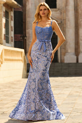 Sparkly Mermaid Grey Blue Corset Appliqued Prom Dress