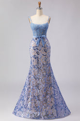 Grey Blue Sequin Mermaid Corset Prom Dress with Appliques