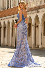 Grey Blue Sequin Mermaid Corset Prom Dress with Appliques