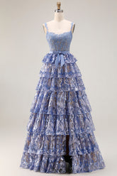 Sparkly Tiered Corset Bowed Appliqued Grey Blue Prom Dress