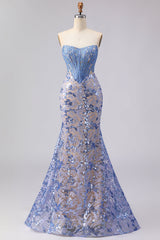 Grey Blue Sequin Mermaid Corset Strapless Prom Dress