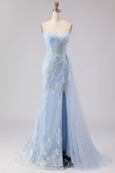 Blue Strapless Corset Sequin Mermaid Prom Dress
