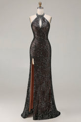 Sparkly Black Halter Mermaid Prom Dress With Slit