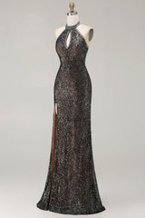 Sparkly Black Halter Mermaid Prom Dress With Slit