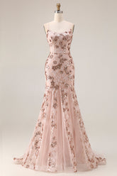 Rose Golden Embroidered Sequin Mermaid Prom Dress