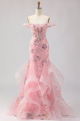 Sparkly Blush Mermaid Off The Shoulder Corset Prom Dress