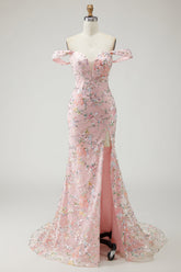 Floral Embroidered Blush Off The Shoulder Sequin Mermaid Prom Dress With Slit