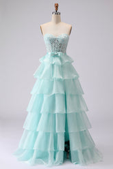Strapless Corset Appliqued Tiered Green Prom Dress