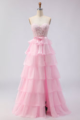 Pink Tiered Strapless Corset Beaded Prom Dress