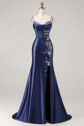 Elegant Navy Mermaid Embroidered Corset Prom Dress With Slit