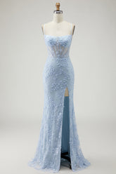Blue Mermaid Appliqued Corset Prom Dress With Slit
