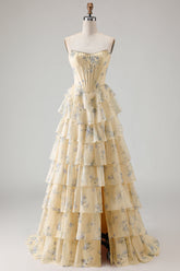 Floral Strapless Yellow A-Line Tiered Corset Prom Dress With Slit