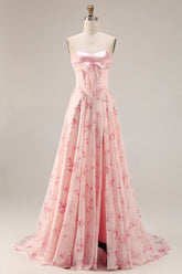 Pink Red Floral Strapless Corset A Line Prom Dress