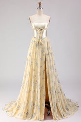 Yellow Blue Floral Strapless Corset A Line Prom Dress
