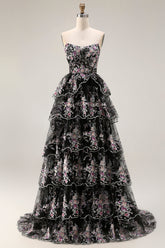 Sparkly Tiered Black Pink Floral Strapless Appliqued Prom Dress