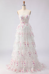 Sparkly White Pink Floral Tiered Strapless Appliqued Prom Dress