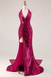 Sparkly Fuchsia Halter Ruched Mermaid Prom Dress