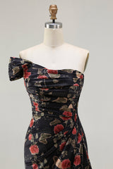 Black Red Flower One Shoulder Sheath Prom Dress With Side Cape