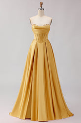 Strapless Golden Satin A Line Corset Prom Dress