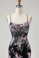 Black Pink Flower Mermaid Tulle Prom Dress with Appliques