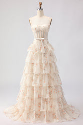 Champagne Orange Floral Corset A Line Strapless Prom Dress
