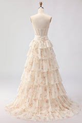 Champagne Orange Floral Corset A Line Strapless Prom Dress