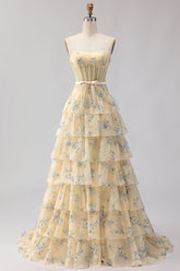Yellow Blue Floral Strapless Corset A Line Prom Dress