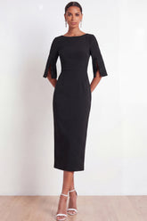 Black Bateau Neck Sheath Midi Formal Dress with Slit
