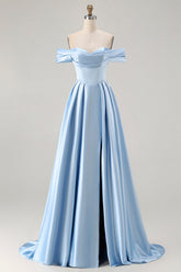 Off The Shoulder A-Line Satin Blue Bridesmaid Dress with Slit
