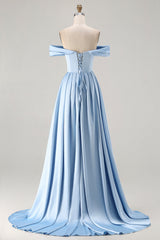 Off The Shoulder A-Line Satin Blue Bridesmaid Dress with Slit