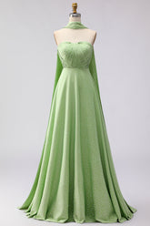 Strapless A Line Green White Polka Dot Bridesmaid Dress
