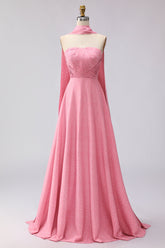 Pink White Polka Dot Strapless A Line Bridesmaid Dress
