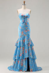 Blue Floral Mermaid Sweetheart Prom Dress With Slit