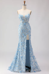 Sparkly Blue Sweetheart Mermaid Appliqued Prom Dress