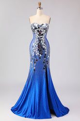 Sparkly Mermaid Royal Blue Strapless Beaded Prom Dress
