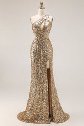 Sparkly Golden Mermaid Cut Out One Shoulder Prom Dress