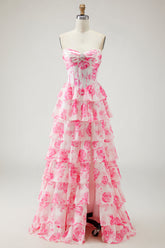 White Pink Flower A-Line Corset Tiered Strapless Prom Dress With Slit