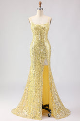 Sparkly Yellow Mermaid Maxi Prom Dress with Slit