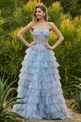 Blue Floral Tiered Corset Maxi Prom Dress