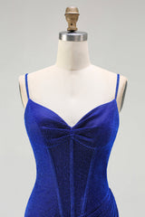 Glitter Royal Blue Corset Mermaid Prom Dress With Slit