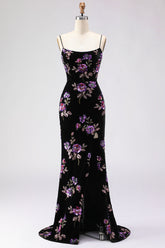 Black Mermaid Lace Up Back Sequin Prom Dress With Slit