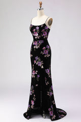 Black Mermaid Lace Up Back Sequin Prom Dress With Slit