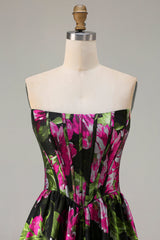 Black Strapless A-Line Corset Print Floral Maxi Prom Dress