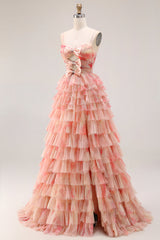 Tiered Spaghetti Straps Sunset Cut Out Prom Dress with Bows