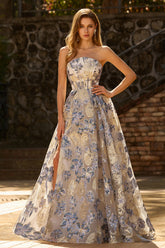 Strapless Corset A Line Dusty Blue Floral Prom Dress
