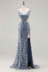 Mermaid Sequin Dusty Blue Cut Out Prom Dress With Slit