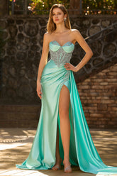Mermaid Sweetheart Mint Green Beaded Satin Prom Dress