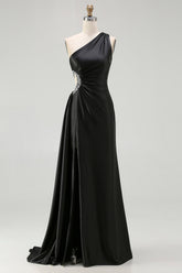 One Shoulder Cut Out Mermaid Black Tie Dress With Slit